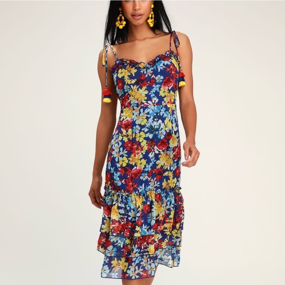 🔥Lulu's Vacay Sera Blue Floral Print Tie Strap Midi Dress Size Large NWOT